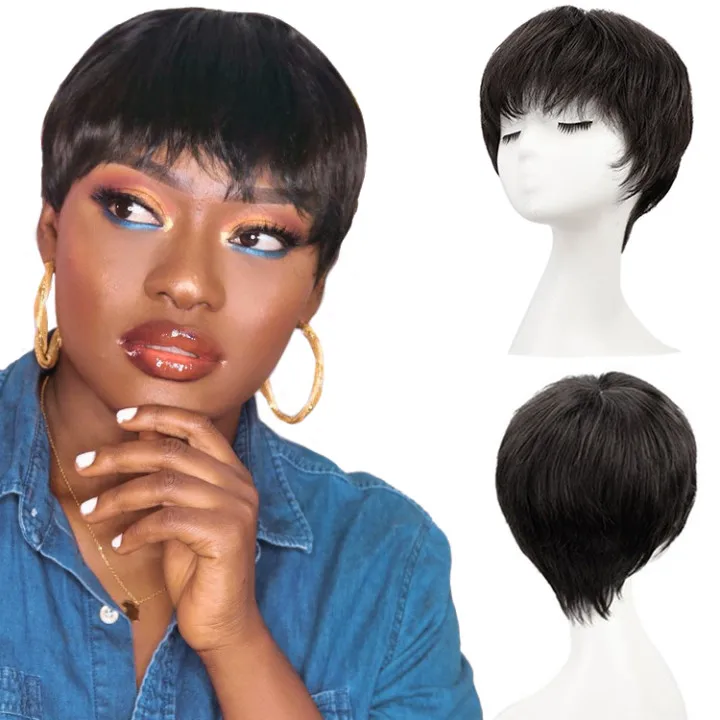 Forcuteu Wholesale Cheap Cuticle Aligned Virgin Raw Short Bone Straight Bangs Indian Black Woman Brazilian Human Hair Wig