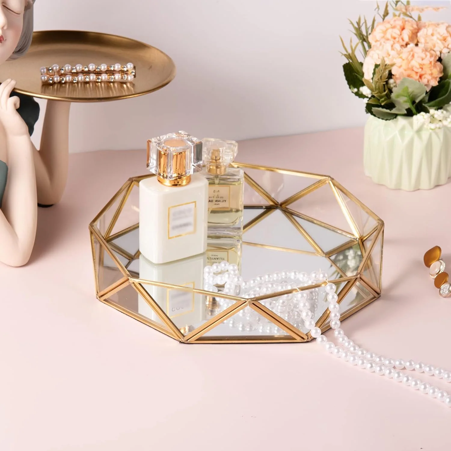 Gold Glass Perfume Tray Mirror Vanity Jewelry Trinket Organizer Tray Cosmetic Makeup Geometric Shape Display Decorative Tray