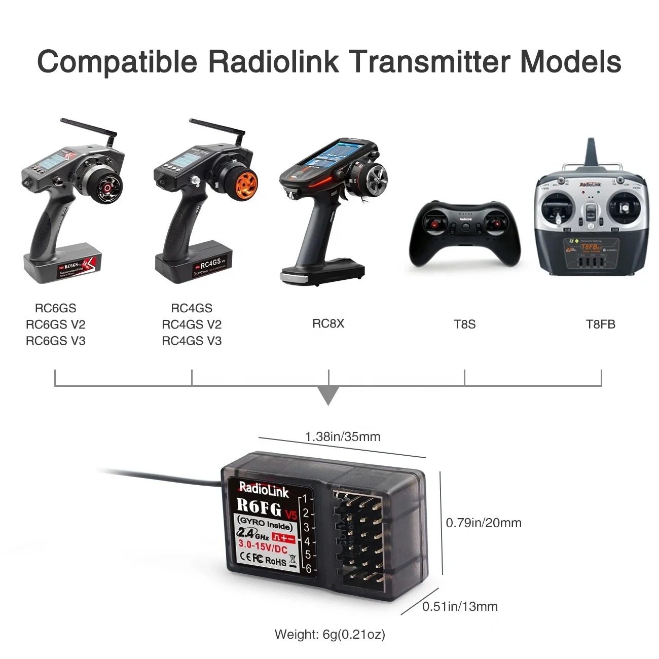 RadioLink R6FG V5 6 Channel Gyro Receiver For RC Remote Controller Car Boat RC6GS/RC4GS/T8S Transmitter