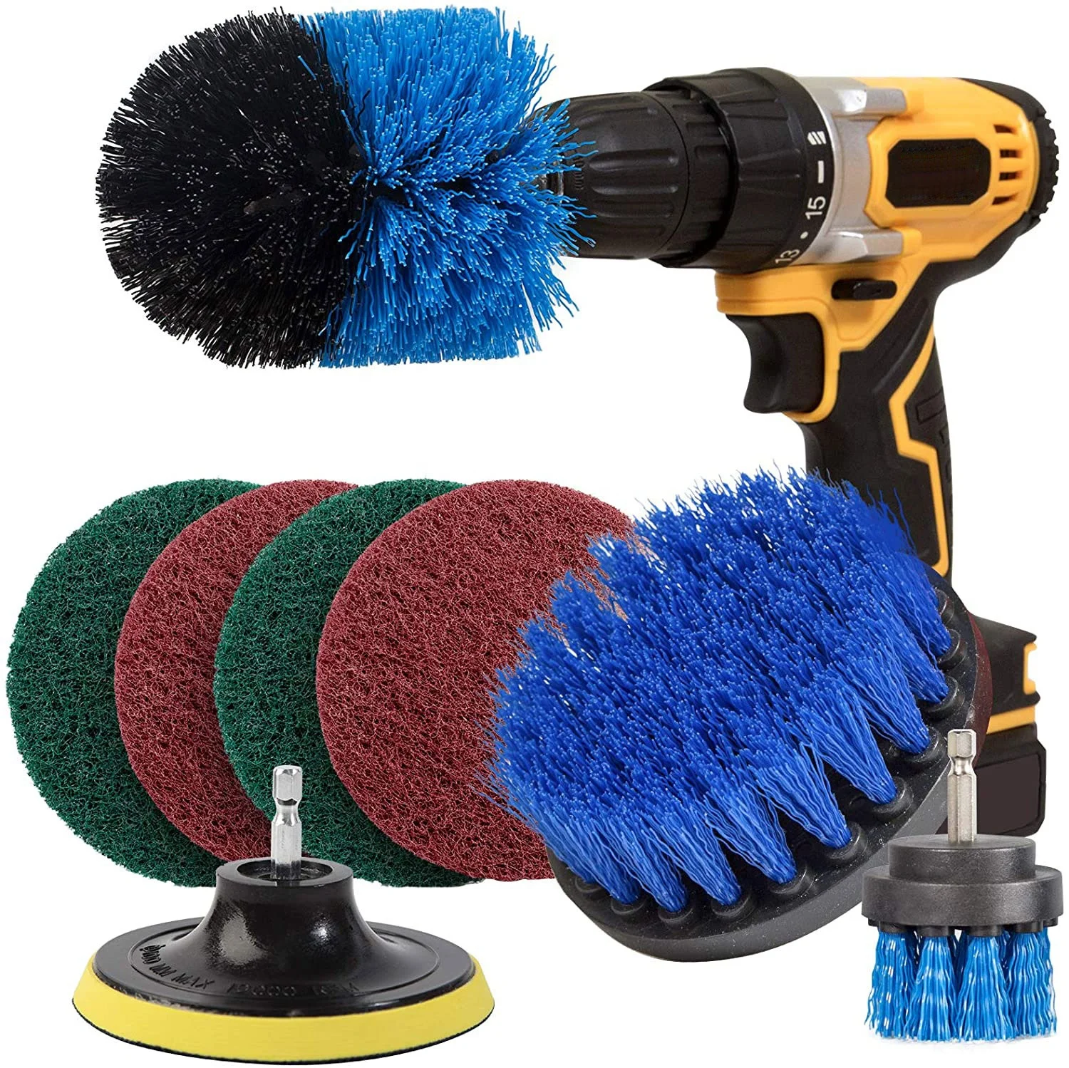 9 Piece Blue Drill Cleaning Brush Set Scouring Pads Scrubber Brush Drill Polishing Brush for Bathroom Surfaces Floor Corners