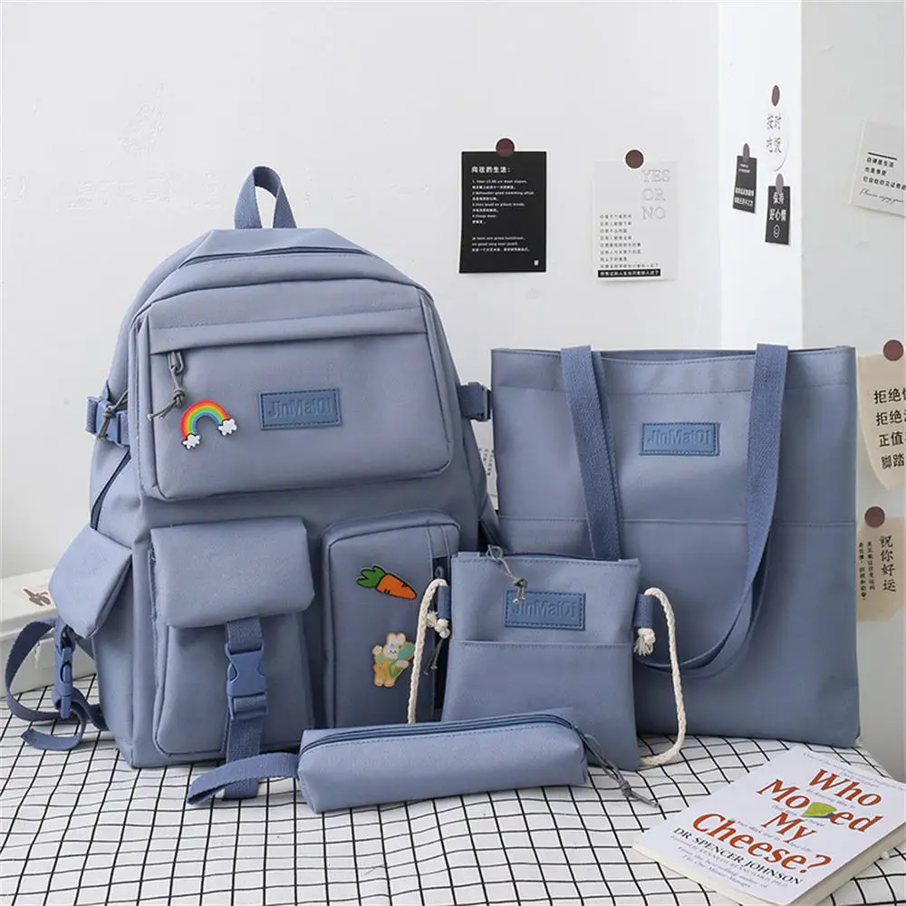 Factory custom student Korean style student nylon schoolbag set four piece set beige pop girls school schoolbag backpack