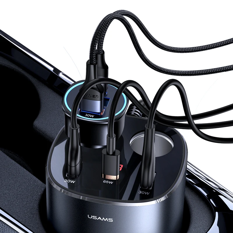 USAMS 12v car cigarette lighter socket splitter auto usb fast charge 245W power adapter for phone laptop dvr camera ipad