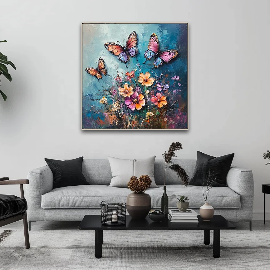 Custom Modern Hot Selling Oil Paintings Butterfly Backside Hand-painted Brush Flowers Canvas Art Prints For Hotel Projects