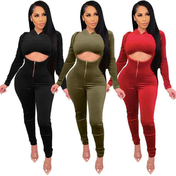 MD-2022 new21011927    New Spring Sexy Mujer 2 PCS Velour Long Sleeve Hooded Crop Tops And Suspender Pants Women Two Piece Set