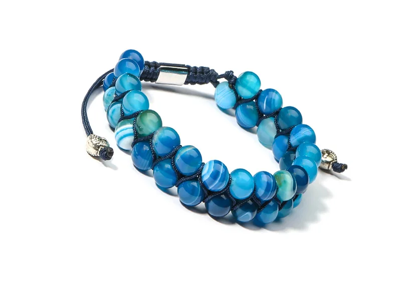 8 мм Синий Полосатый Агат двухрядный мужской браслет популярный женский тканый Регулируемый двухслойный браслет из бисера