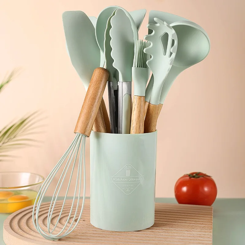 Hot Sale 12PCS Silicone Kitchen utensils with Wooden handle Non-stick Silicone Kitchen Helper Set