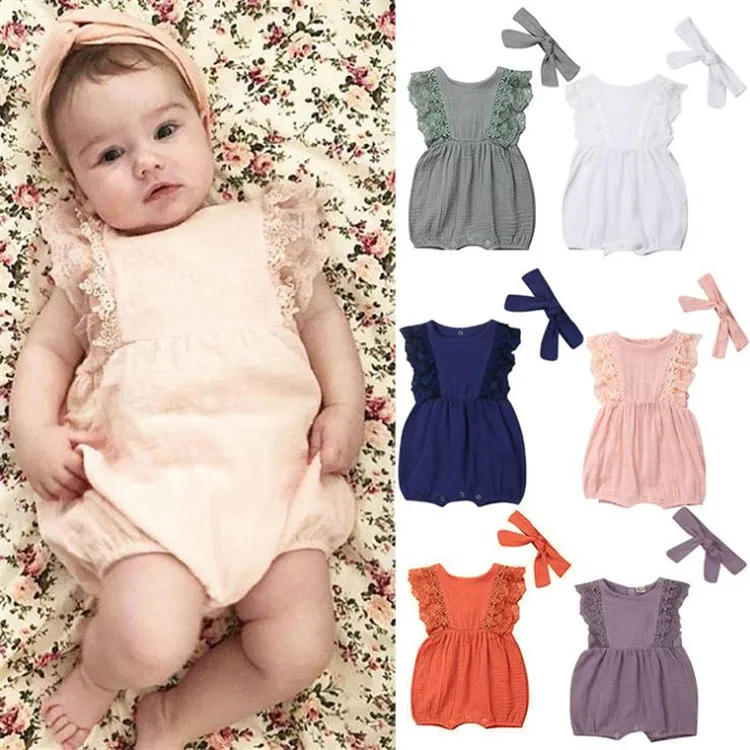 
New Arrivals Lace Sleeves Breathable Baby Girls Jumpsuit Multicolors Thin Babies Smocked Romper With Headband 