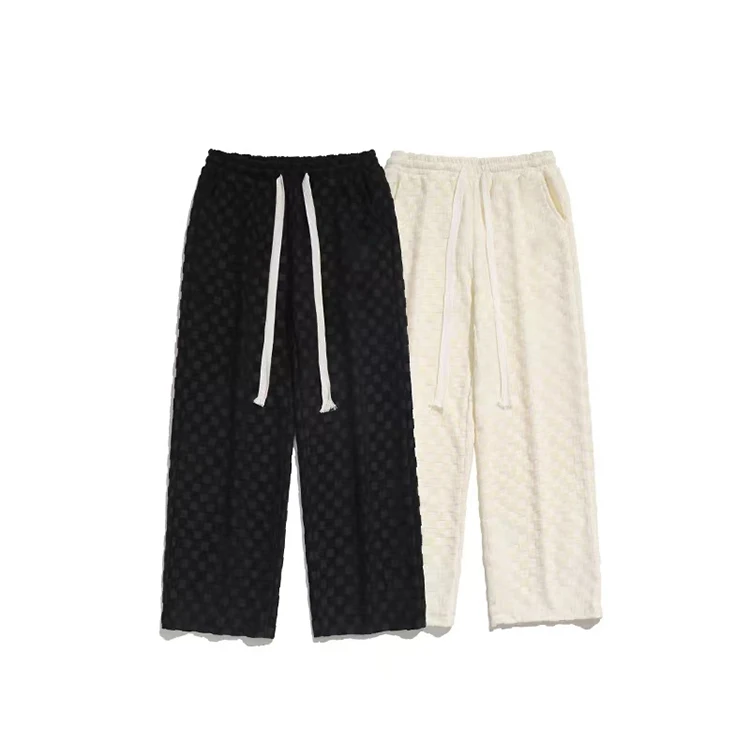 Wholesale three-dimensional plaid straight casual pants custom logo comfortable cotton with waist rope pants