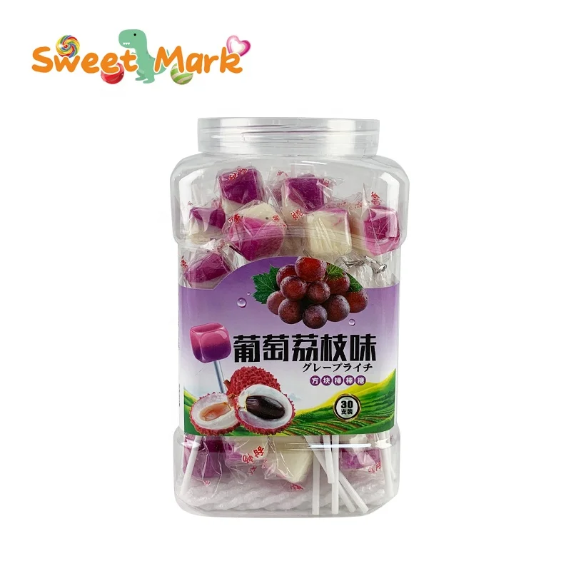 Factory candy lolly lollipop cube shape 2 layer grape litchi lychee flavor lollipop candy stick