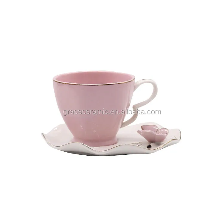 Pink Butterfly Embossed Ceramic china Fine Porcelain Cup And Saucer With Gold Rim
