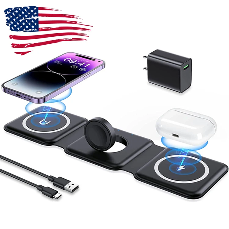 US Trending Magnetic Foldable 15W Wireless Charger Travel 3 in 1 Charging Station For Apple Watch Airpods iPhone apple charger