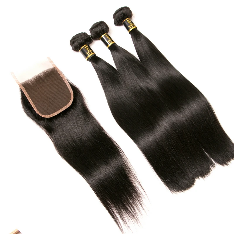 
free shipping brazilian human hair weave straight 3 bundles with lace closure 