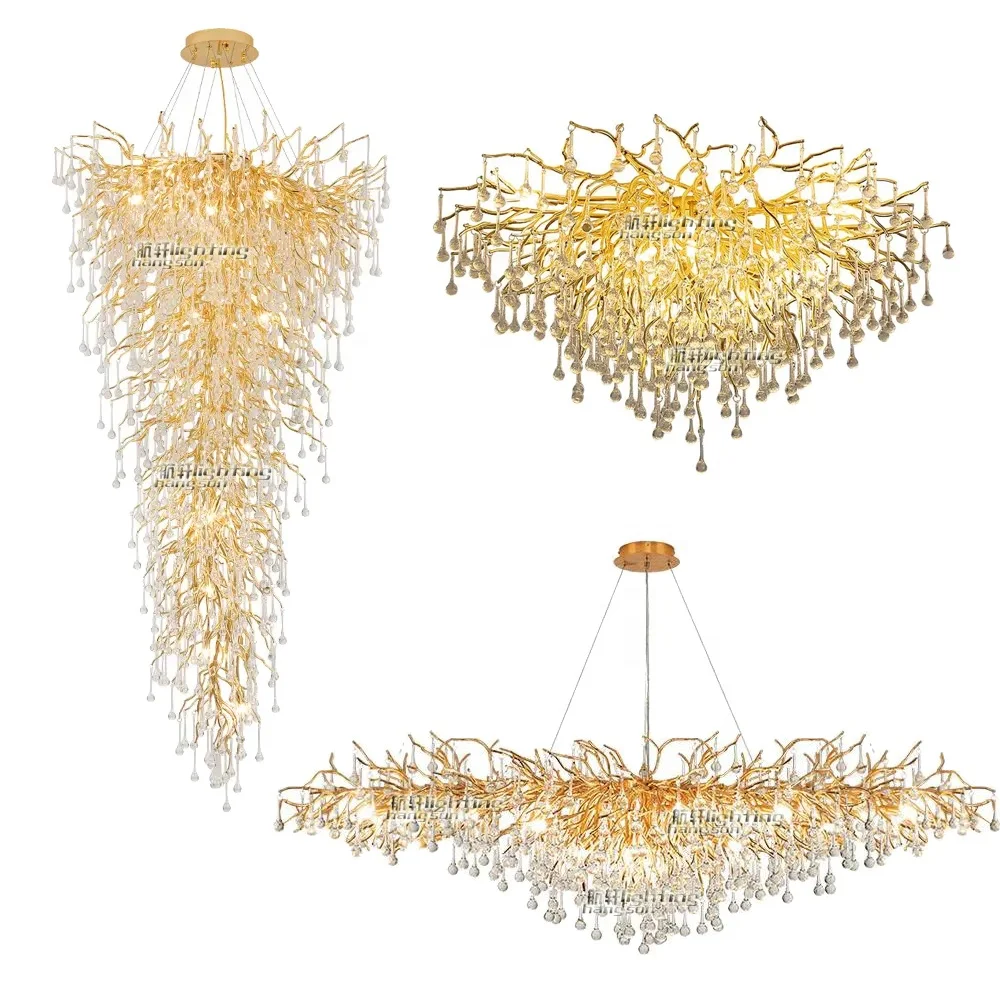 Modern hotel living room golden luxury crystal ceiling chandeliers aluminium pendant lights