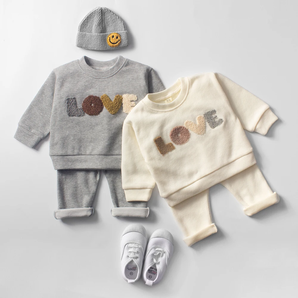 Spring Autumn Newborn Kids Clothes Set Embroidered Print LOVE Soft Cotton Baby Outside Wear Boy Clothes Suit
