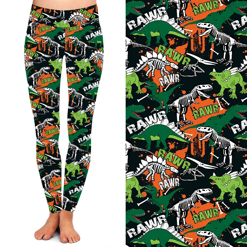Красочные скелет динозавра Леггинсы с принтом из мультфильма «Женские Йога талии мягкой 92% полиэстер 8% спандекс леггинсы для женщин
