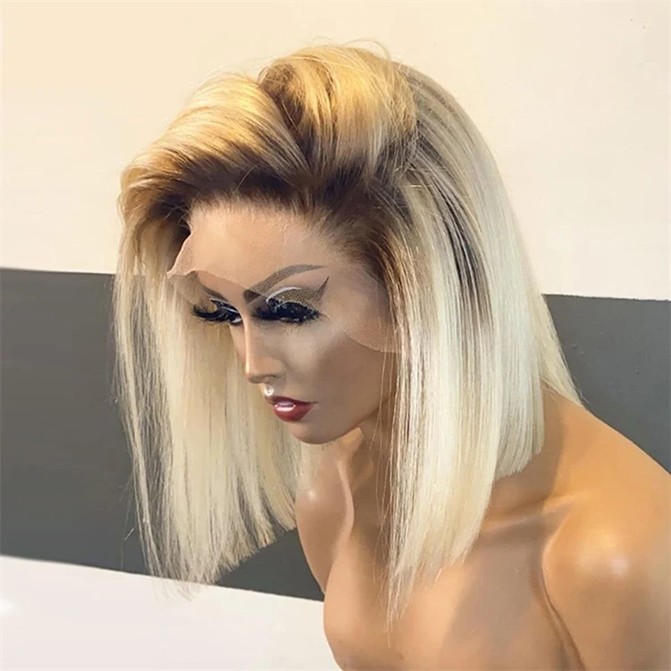 Ombre Blonde Bob Straight Wigs Human Hair Lace Front Brazilian Pre Plucked Bob Wig 1B/613 Color Straight Hair Short Bob Wigs