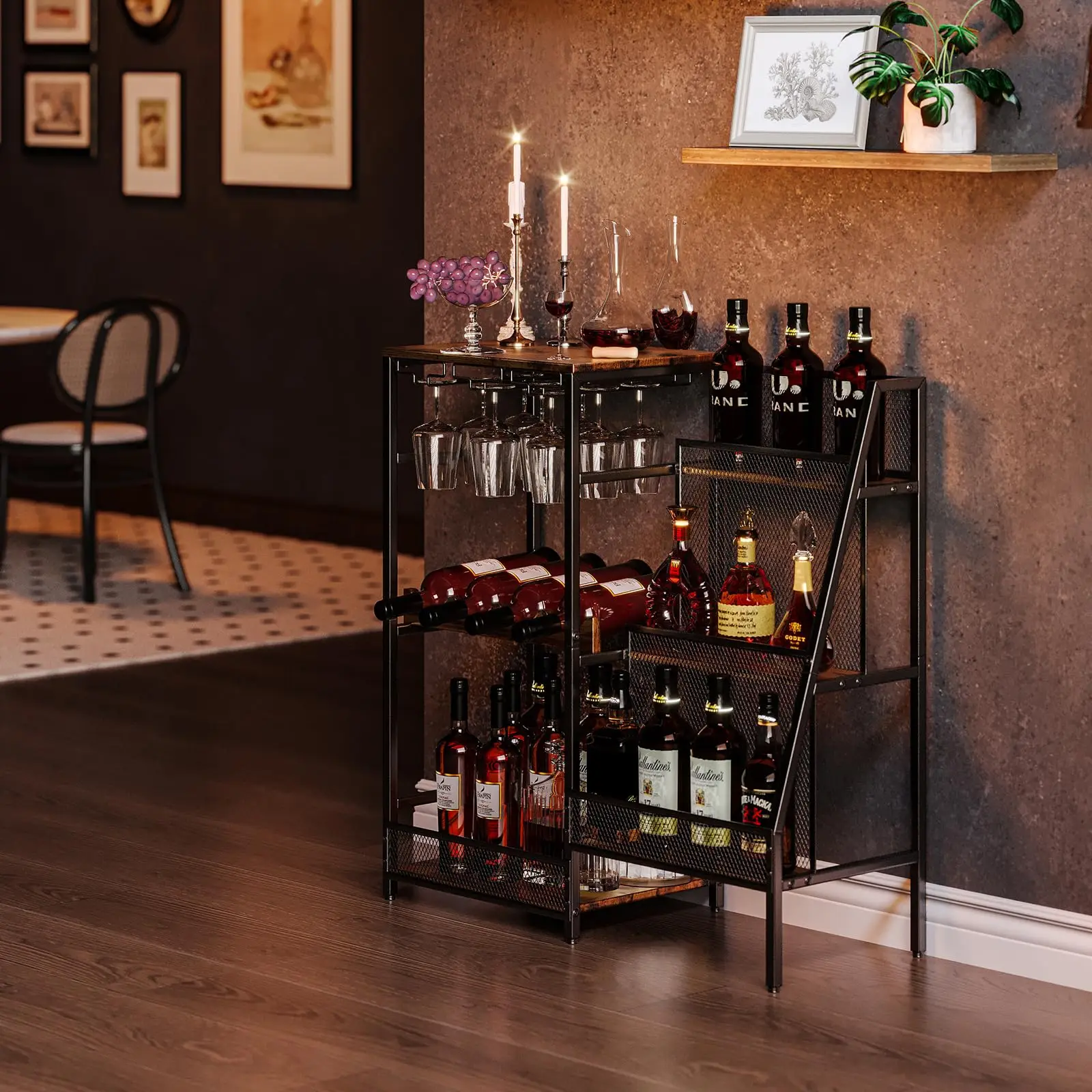 Home Bar Mini Bar Table 3-Tier Trapezoidal Liquor Bottle Display Shelf Freestanding Floor Wine Rack