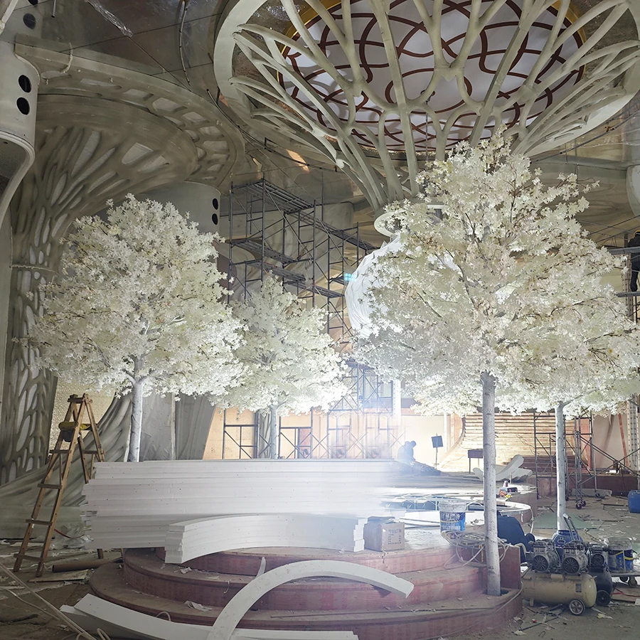 Creative design hotel mall indoor wedding decoration white flower trees fiberglass artificial plants birch blossom tree