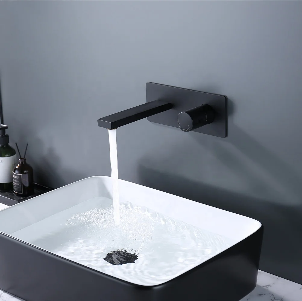 Aideal commercial style single round handle control wall mounted matte black ware hot and cold brass bathroom basin faucet