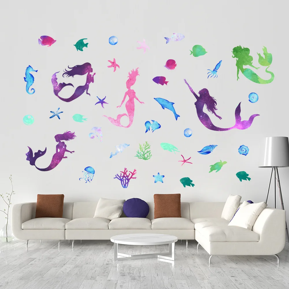 Custom 3D Golden Purple Mermaid Wall Decal Kids Room Bedroom Bathroom Decoration Wall Stickers