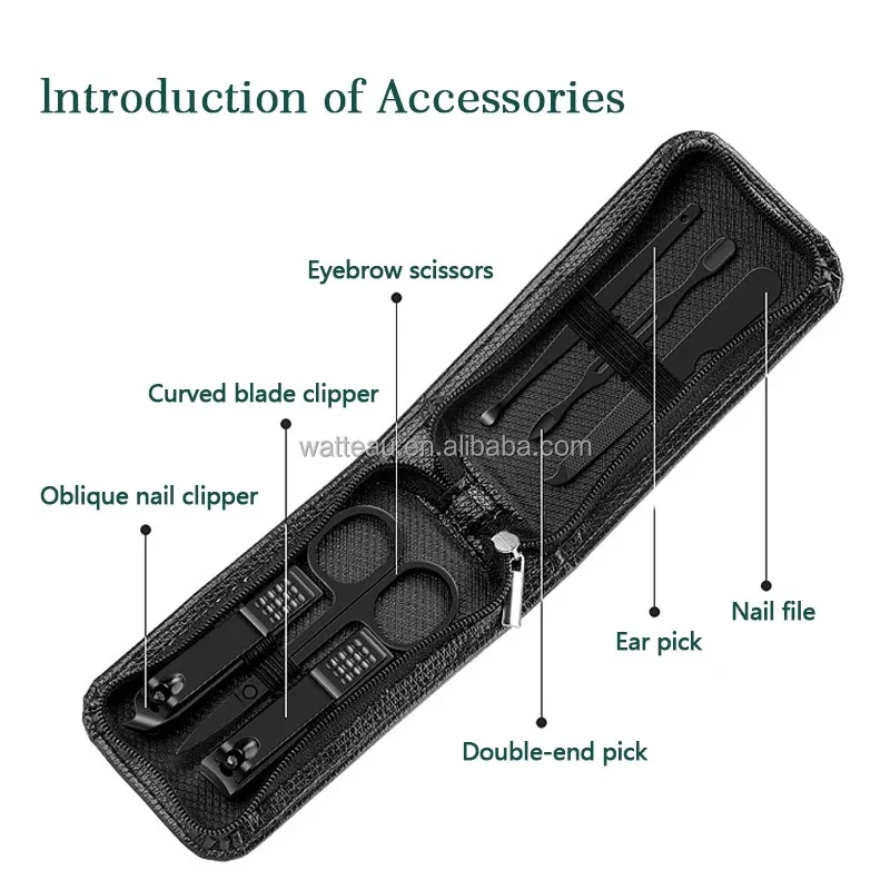 6 Pcs/Bag Portable Luxury Manicure Sets Bright Black Nail Clipper Set Green Nail File Eyebrow Scissors Personal Care Tools