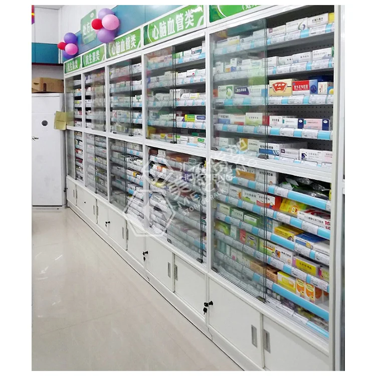 Meicheng Pharmacy Store Fixtures Medical Retail Shop Interior Design Custom Pharmacy Wall Display Cabinet With Glass Shelves