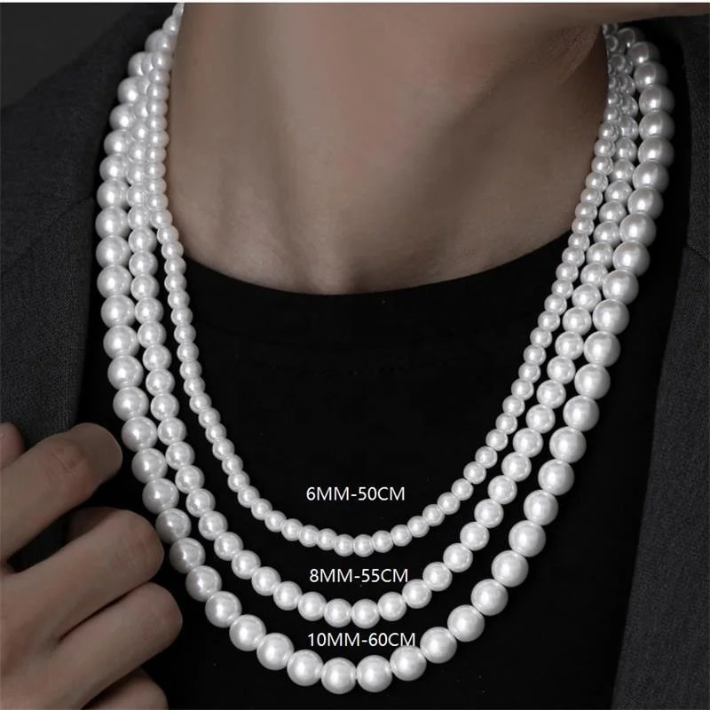 Factory wholesale hip hop 6MM 8MM 10MM glass pearl chain with stainless steel cross pendant necklace
