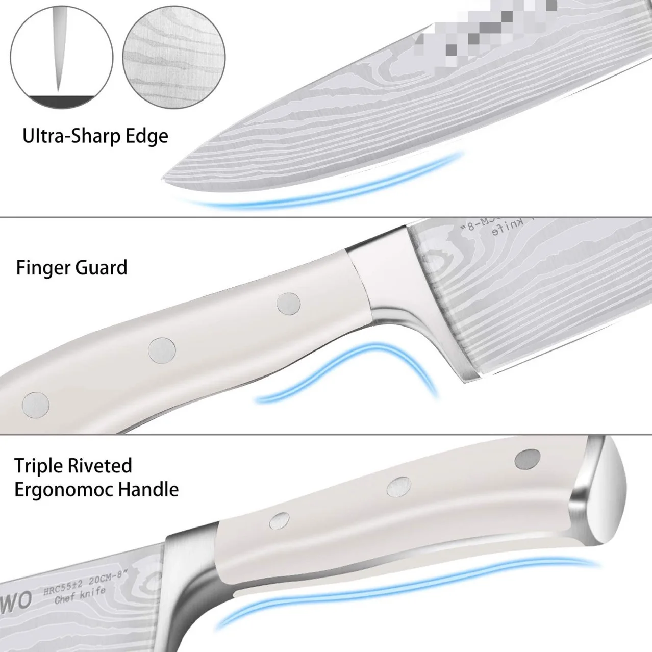 Stainless Steel chef knives set Triple Rivet Kitchen Knife Set White Abs Handle scissors Wooden Block Home block knives set