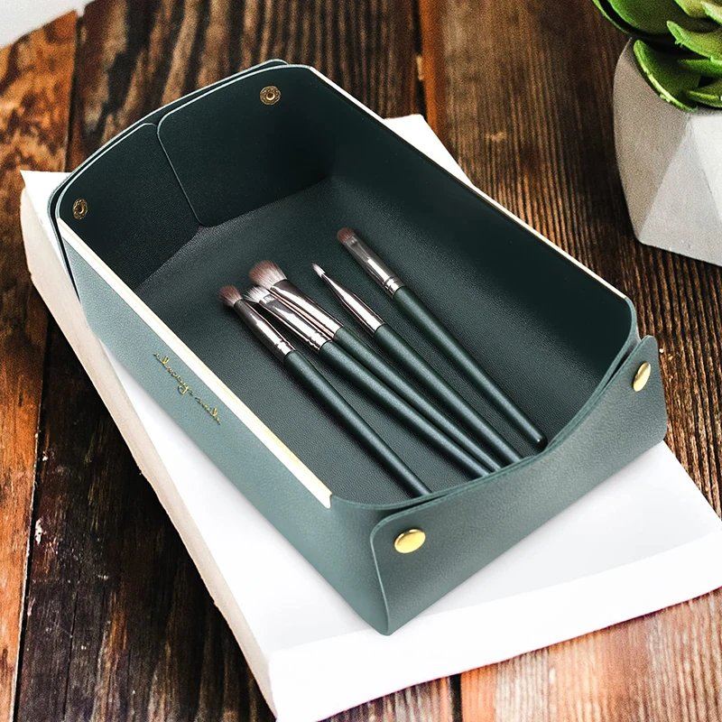 Custom Foldable Storage Bags Box Cosmetics Tray Organizer Luxury Leather Desktop Storage Basket Organizer for Home Decor