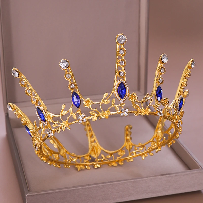 Golden Hollow Blue Crystal Round Diademas Vines Coronas Decorativas De Metal Rhinestone Luxury Bride Hair Accessories Wedding