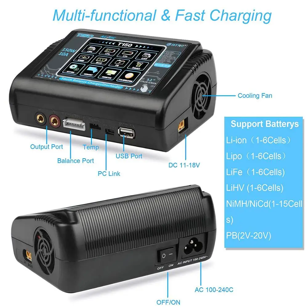 Hot HTRC T150 AC/DC RC Lipo Balance Smart Charger Discharger 150W 10A Touch Screen for LiPo LiHV LiFe Lilon NiCd NiMh Pb Battery