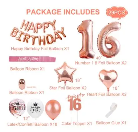 16th Birthday Party Decorations Heart Cake Topper  Birthday Sweet Rose gold Confetti Balloons 16th Birthday Party Supplies