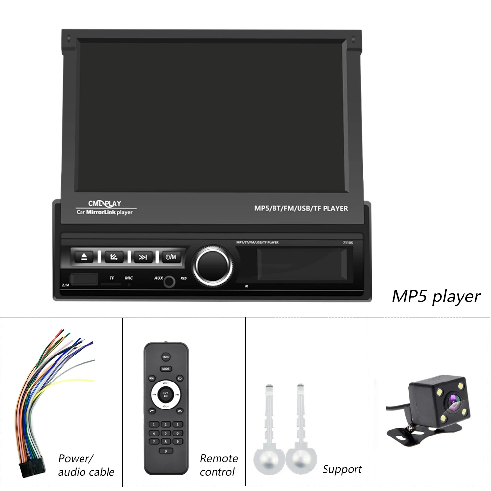Podofo 1Din стерео 7 'Автомобильный видео выдвижной экран MP5 плеер USB/TF/ FM/BT/телефонная связь + 4LED камера заднего