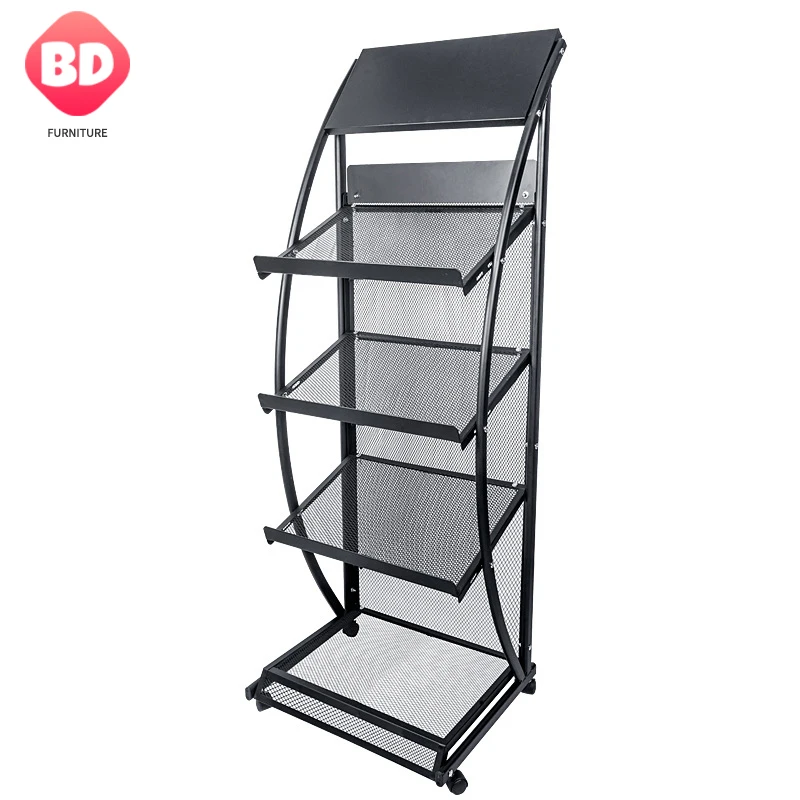 Floor standing clear acrylic magazine display stand, newspaper display stand, multiple layers metal magazine billboard
