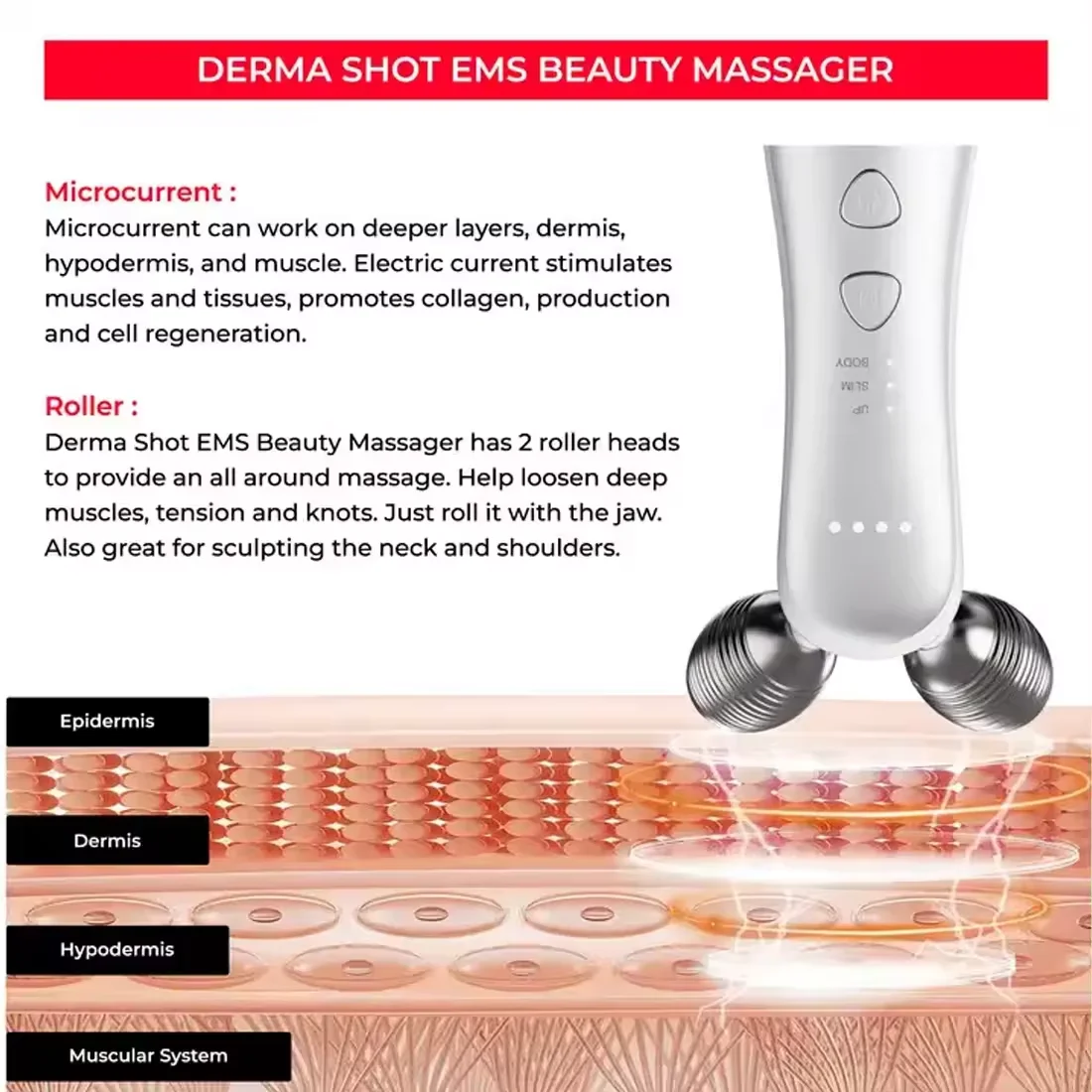 Women Beauty Derma Shot 3d Roller Massager Eye Rejuvenation 3 modes EMS V Face Electric Microcurrent Facial Body Massage