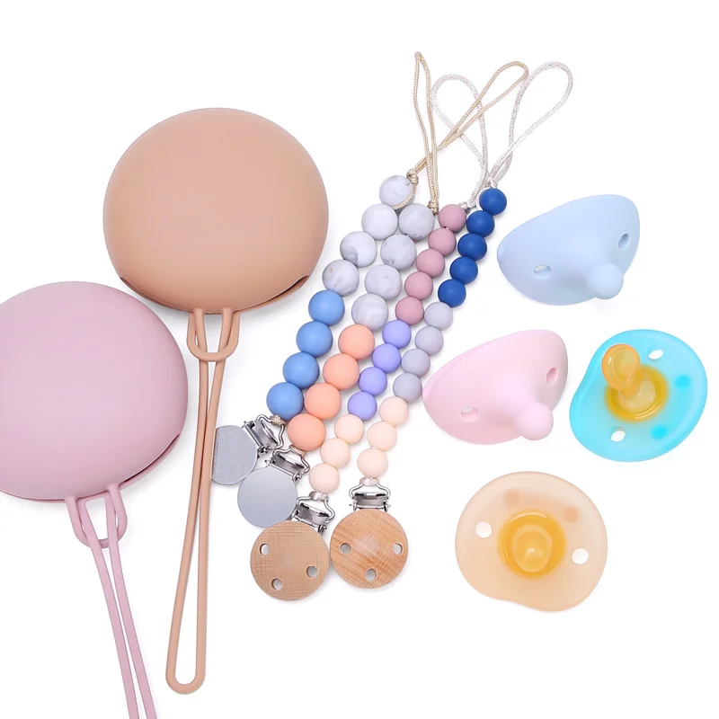 Wholesale Wooden Kids Beads Teething Pacifier Clip Case Holder Silicone Baby Chain Pacifier Clip