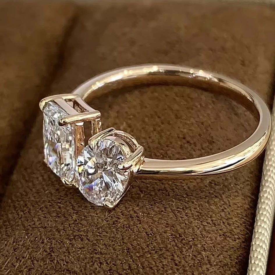 1.58CT Each Oval and Radiant Cut 2 Stones Rings Lab Crated Diamond  Engagement Eternity Ring 14K/18K Gold