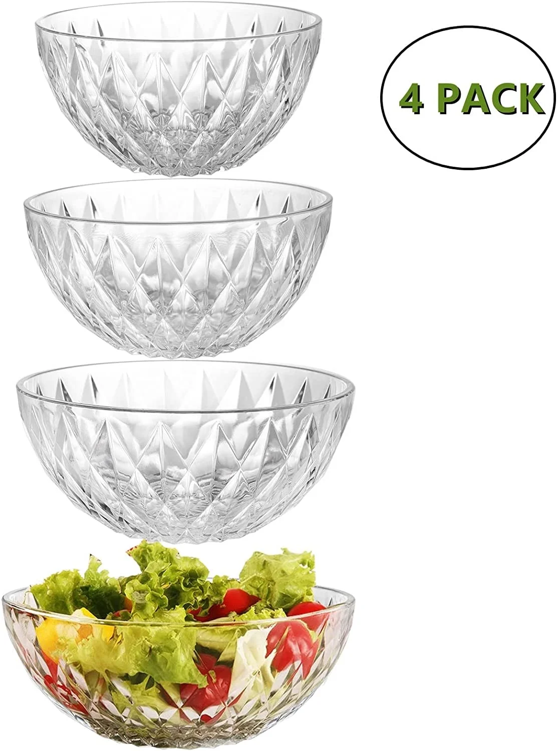 Set of 4 BPA Free Clear Acrylic Mixing Serving Salad Bowls for Fruit Salad Popcorn Chips Dips Condiments Party Snack