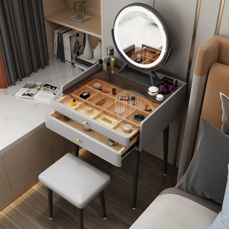 HANYEE Bedroom Furniture Dressers With LED  Mirror 2 Drawers Multifunctional Women Makeup Dressing Table