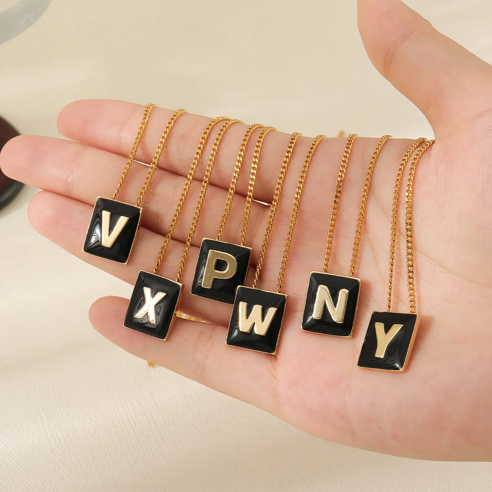 fashion trendy simple jewelry small black squares 26 initials letter necklace pendant women