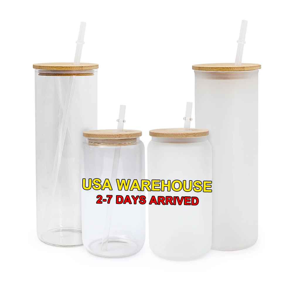 US stocked 12oz 16oz 25oz clear frosted sublimation blanks  glasses cup beer can glass with bamboo lid