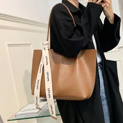 2023 Wholesale Pu Leather tote Bag Women vintage Handbag Lady Big Khaki Bag with ribbon