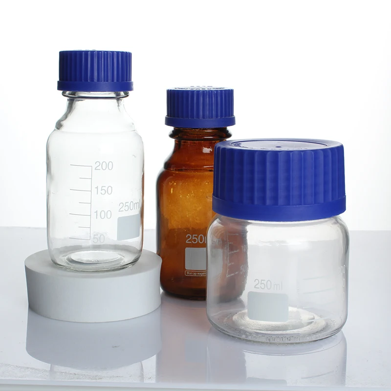 Lab graduated chemical borosilicate glass 100mL 250mL 500mL 1000mL reagent bottle with label