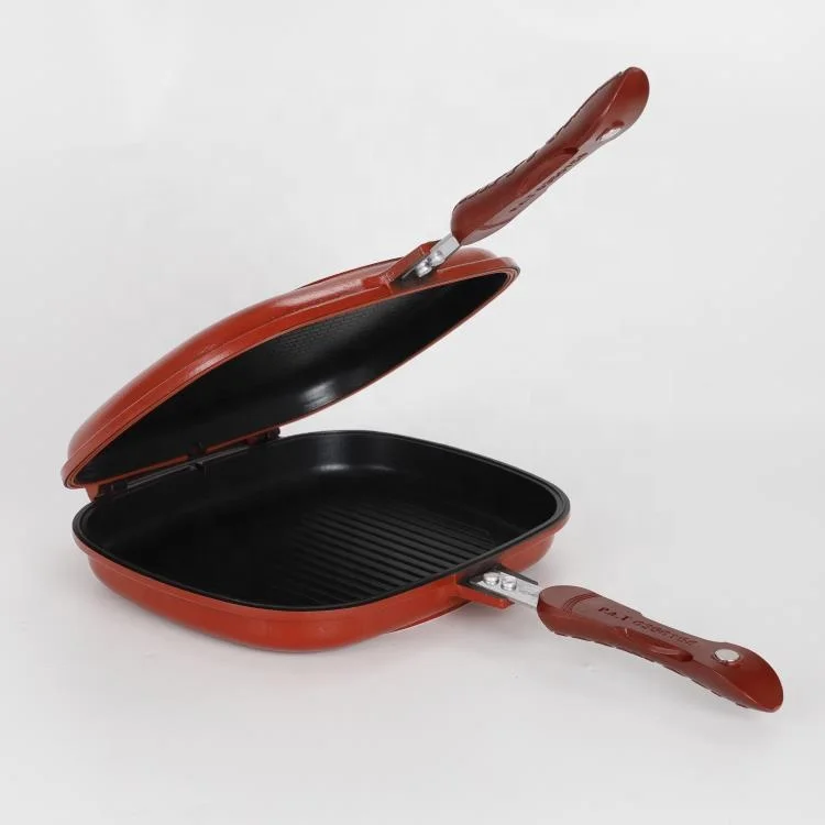 The best quality supplier 28cm red aluminum alloy double-sided non-stick barbecue frying pan