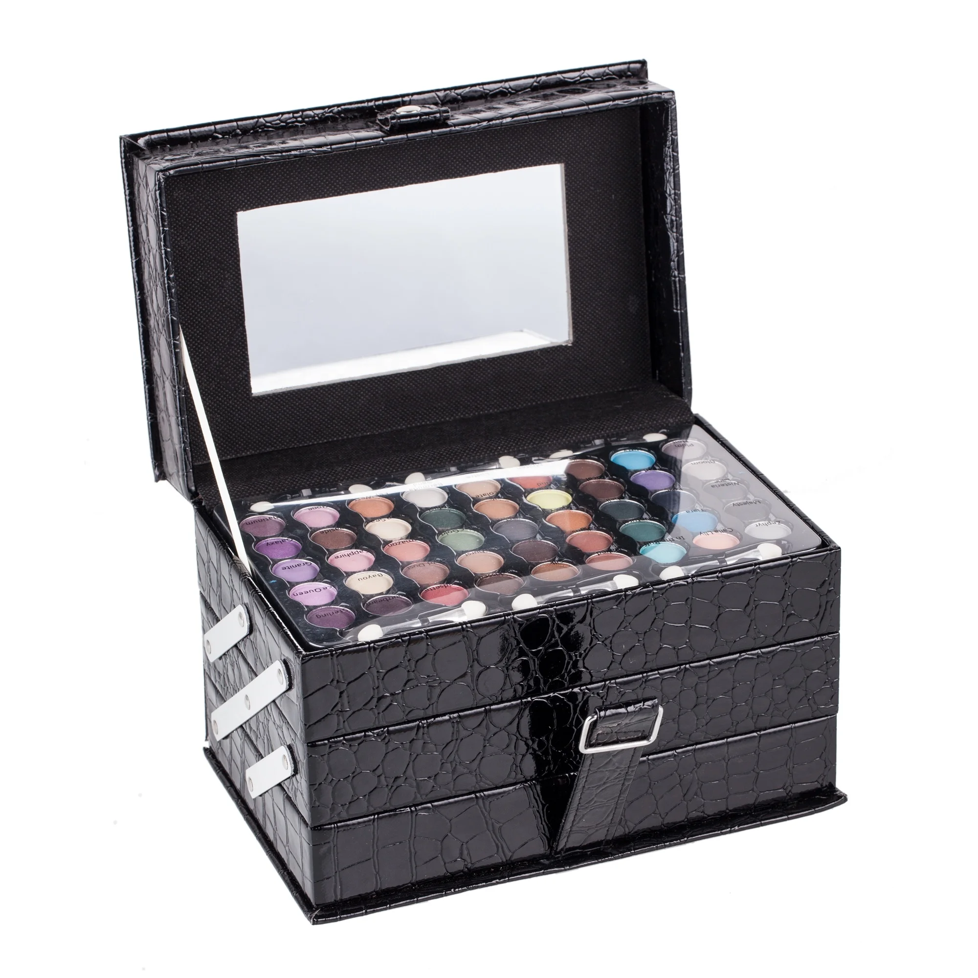 Factory hotselling black faux leather make up set box Makeup brushes eye shadow palettes blush palettes lipsticks lip glosses