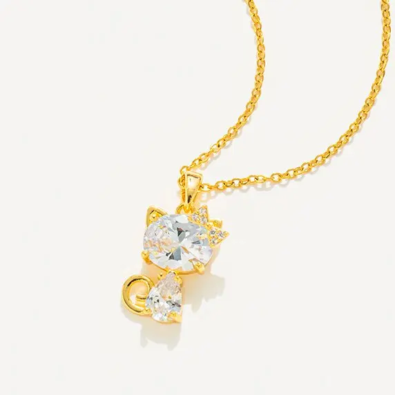 18K Stainless Steel Necklace Unisex Shiny Crystal Zircon Cute Cat Pendant Trendy Gold Silver Chain Trendy Number Shape Women