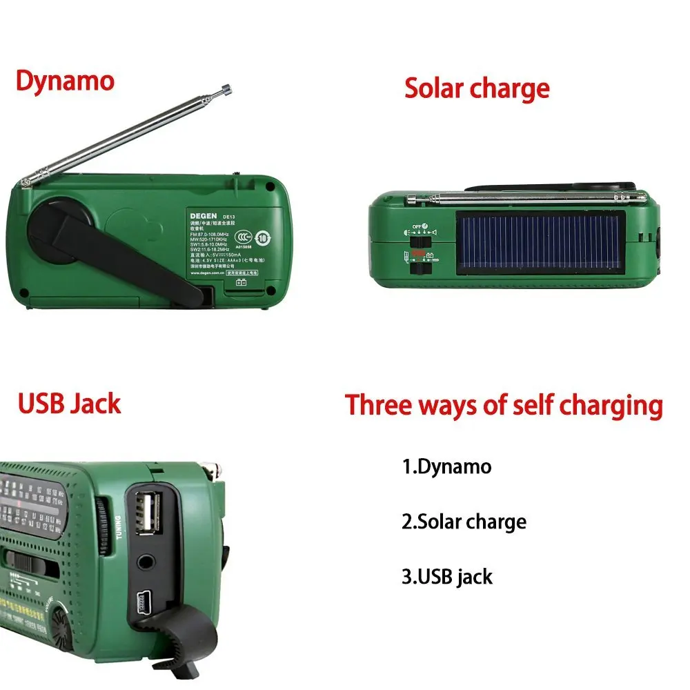 Wholesale DE13 FM MW SW Radio Receiver Hand Crank Emergency Phone Charger solar rechargeable Radio
