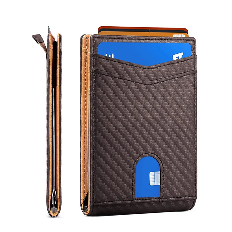 
Wholesale slim bifold genuine leather business card holder front pocket rfid mens carbon fiber wallet with money clip 