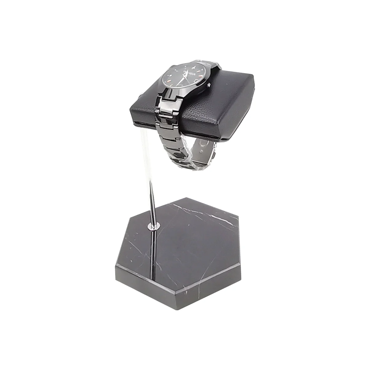 Bright Silver Stainless Pole Marble & Leather Table Watch Display Stand For Watches Shops Exhibit Props