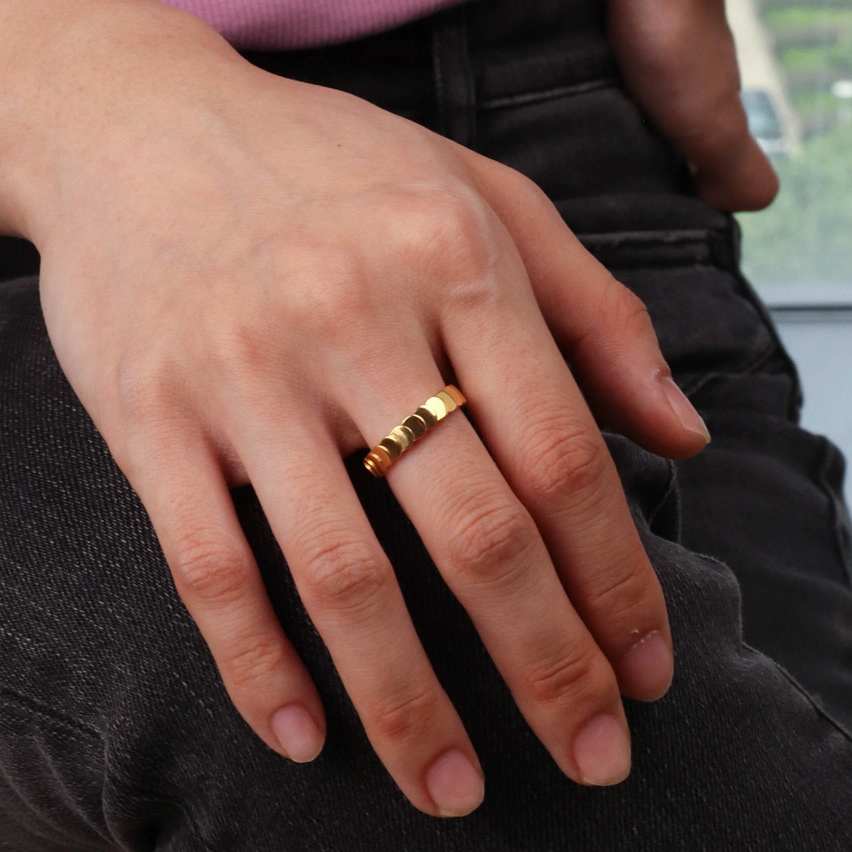 Chris April Anit tarnish 18k PVD plated 316L stainless steel minimalist fish scales knuckle thin finger ring